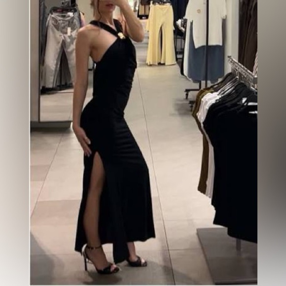 Zara Black Fitted Wrap Midi Dress Gold Neck Detail Criss-cross Back Slit NWT S - Picture 4 of 16